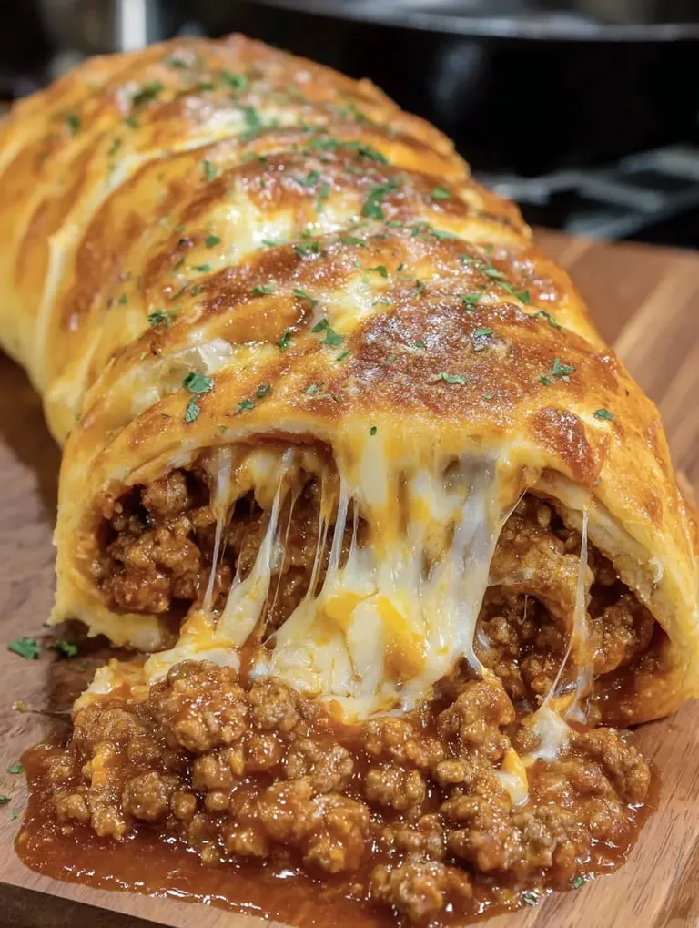 Ein großer, schmuddeliger, kräftiger Burrito mit viel Käse und Rindfleisch auf einem Tisch.