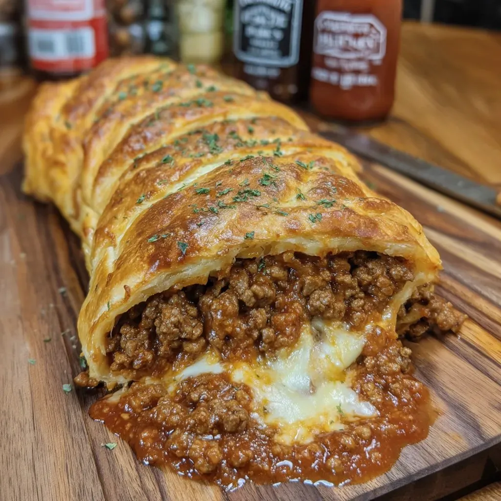 Ein großes, geschnittenes Sandwich auf einem Brett, das mit Sauce übergossen ist.