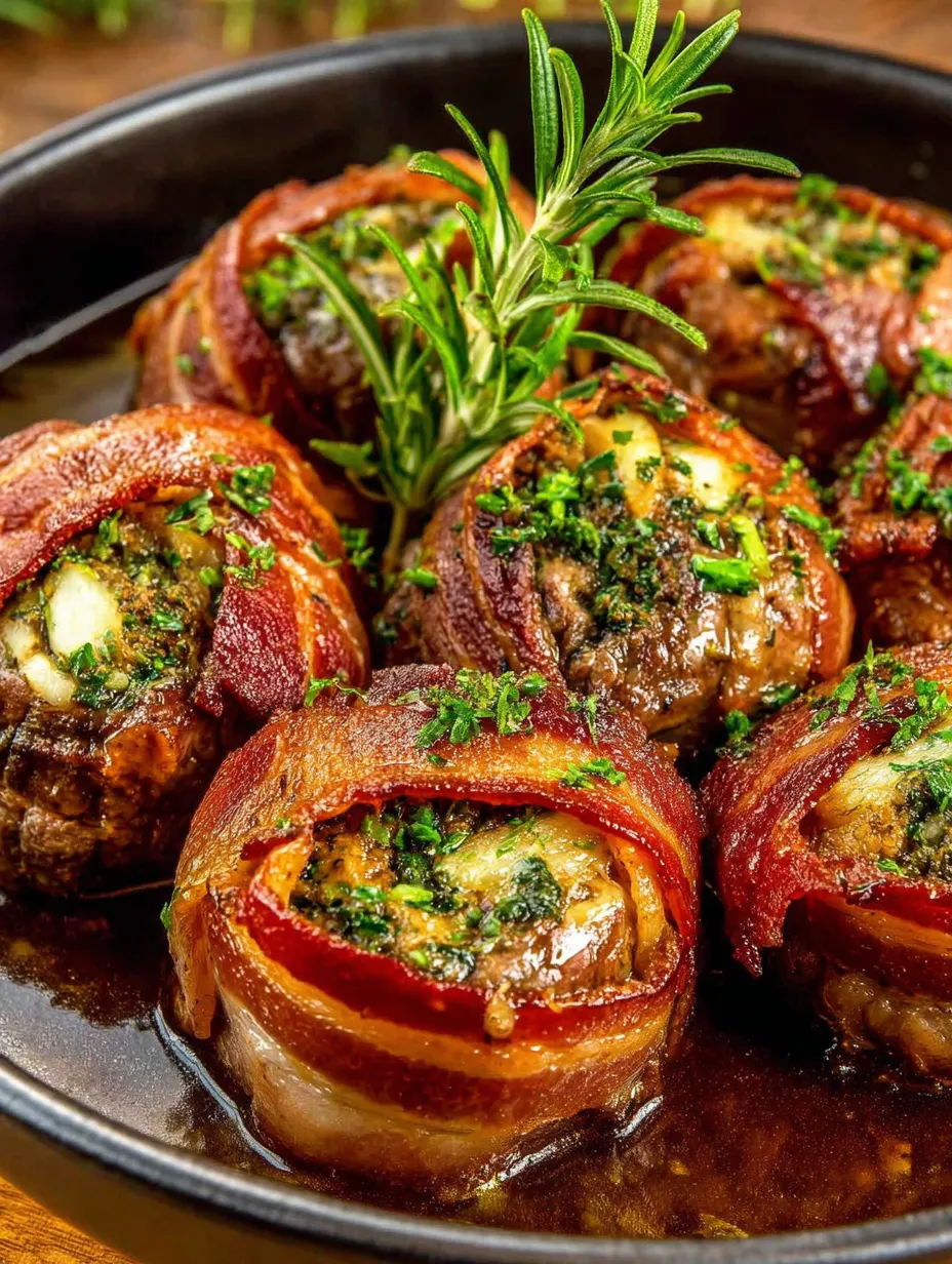 Eine Sch&uuml;ssel mit sechs Bacon-Wrapped Meatballs, die mit verschiedenen Zutaten wie Zwiebeln und Parsley garniert sind.