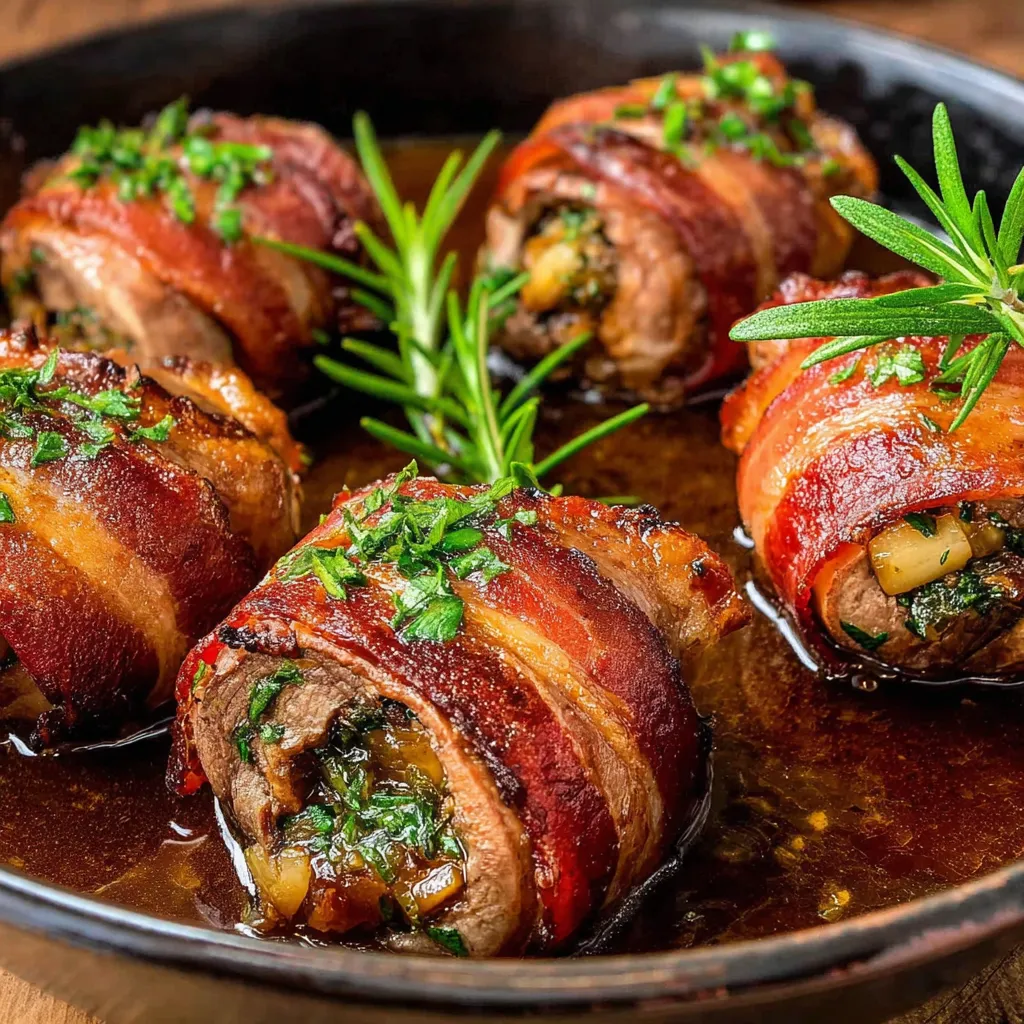 Ein Teller mit sechs prägnanten Wurstrollen, die in einem Bratensaft getaucht sind.