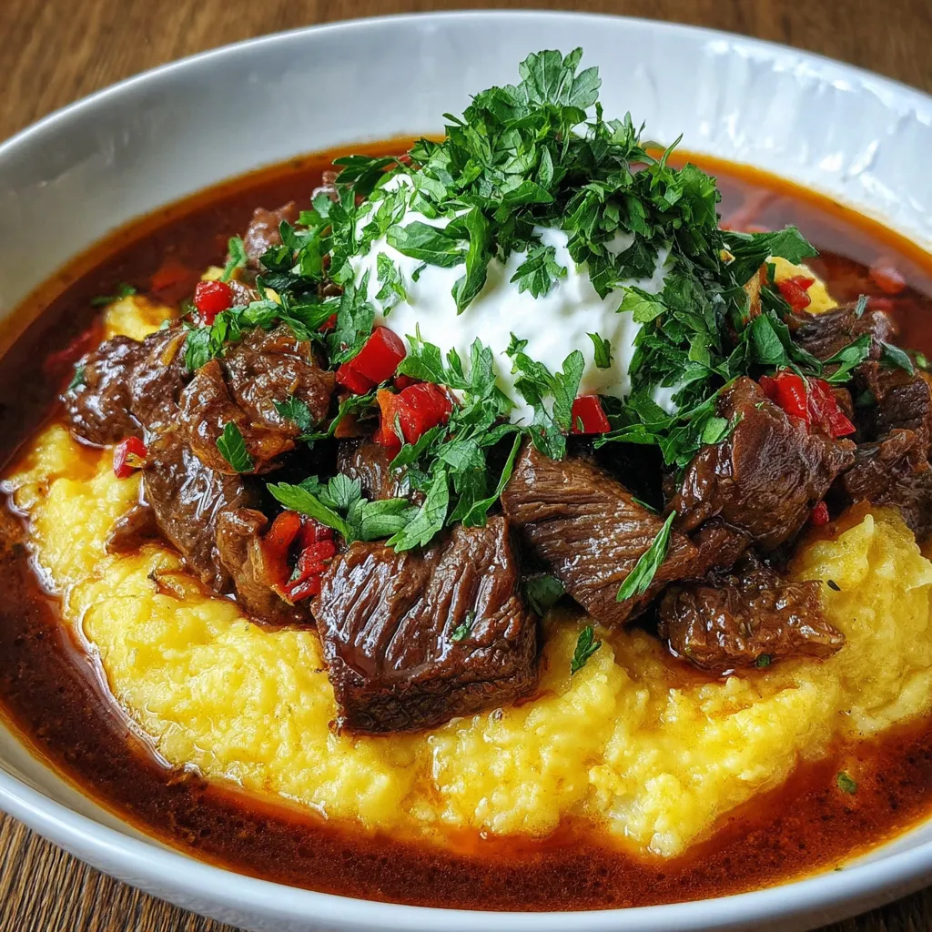 Ein weißer Teller mit einer Mischung aus Fleisch, Kartoffeln, Zwiebeln und Tomaten.