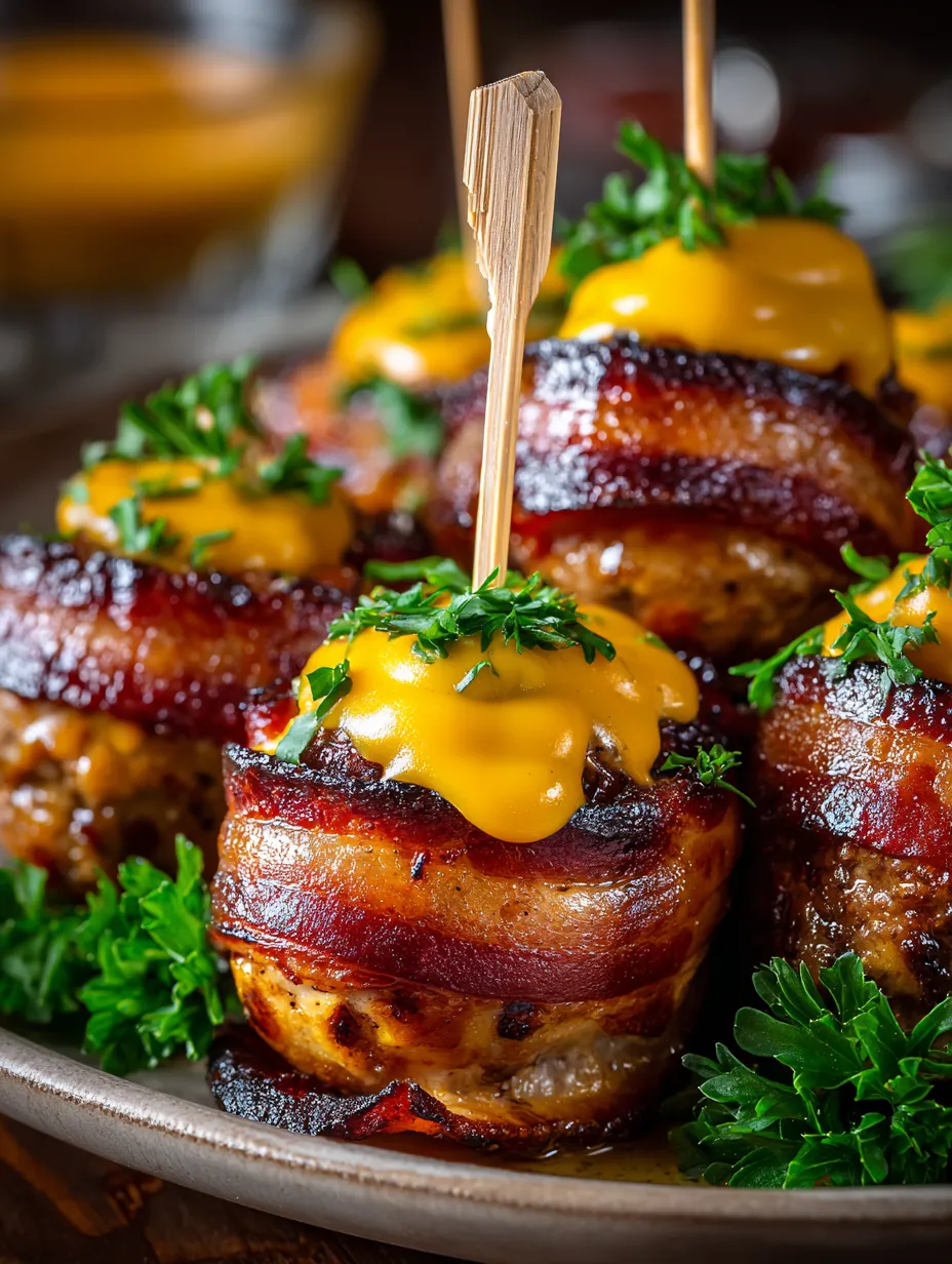 Eine Platte mit Bacon-Wrapped Meatballs, die mit Ketchup und Mayonnaise garniert sind.