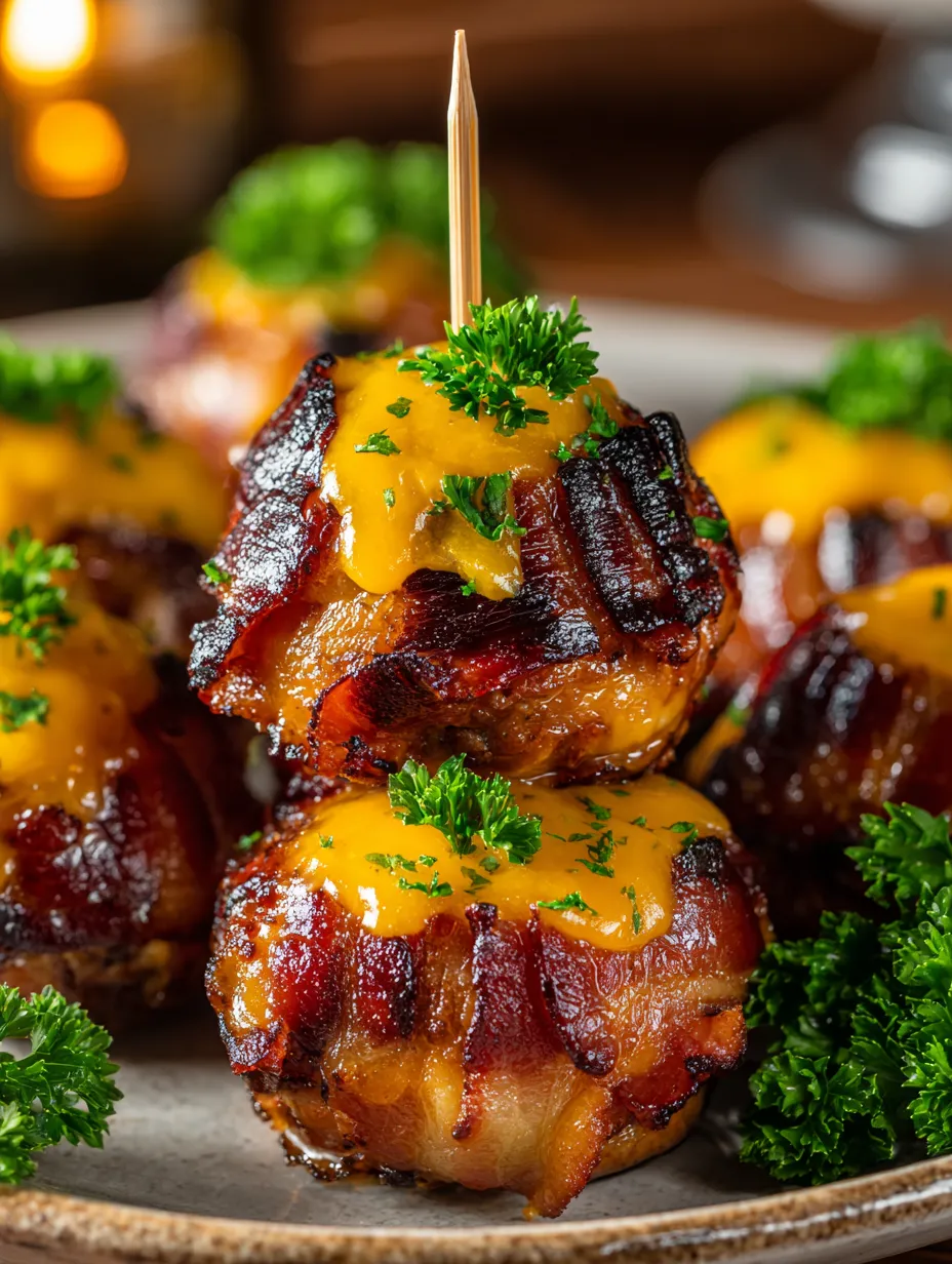 Eine Platte mit Bacon-Wrapped Meatballs, die mit Pesto und Parmesan garniert sind.