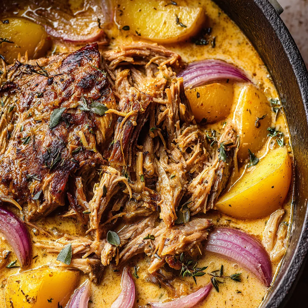 Ein Schmorbraten mit Kartoffeln und Zwiebeln.