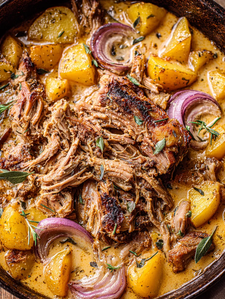 Ein Bild von einer Schüssel mit Fleisch, Zwiebeln und Kartoffeln.