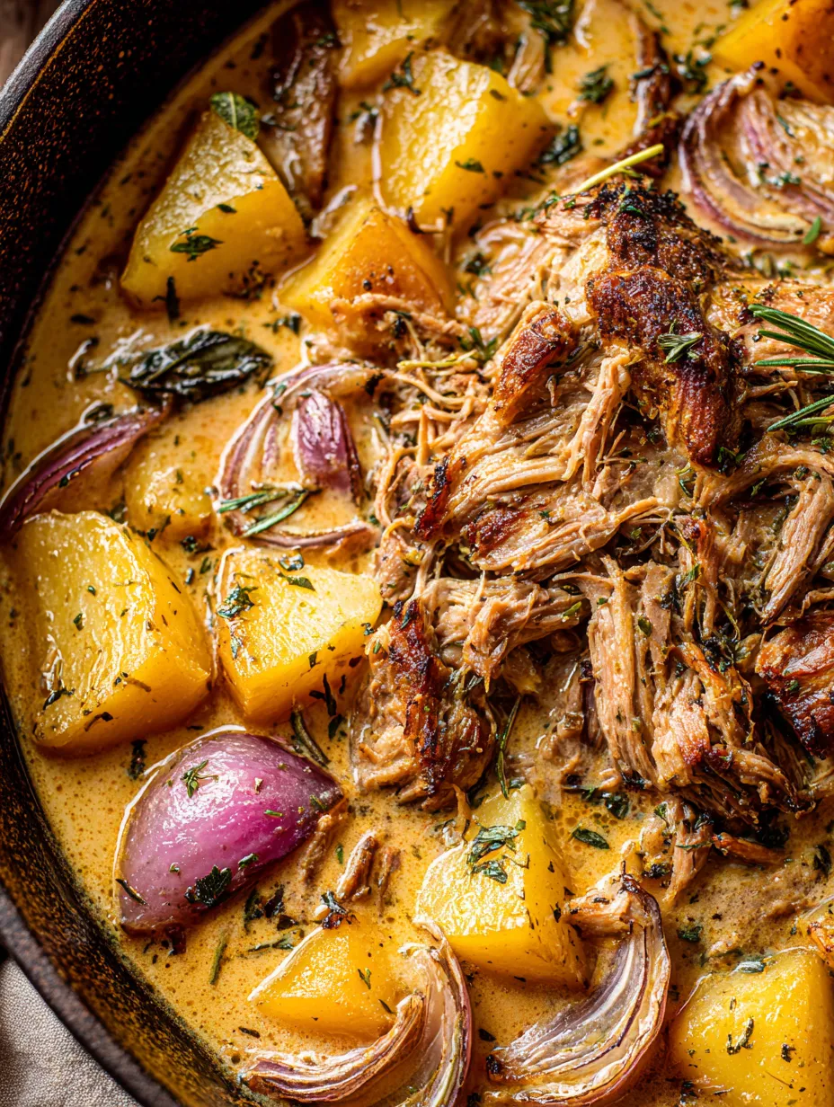 Ein Bild von einer Schüssel mit Fleisch, Zwiebeln und Kartoffeln.