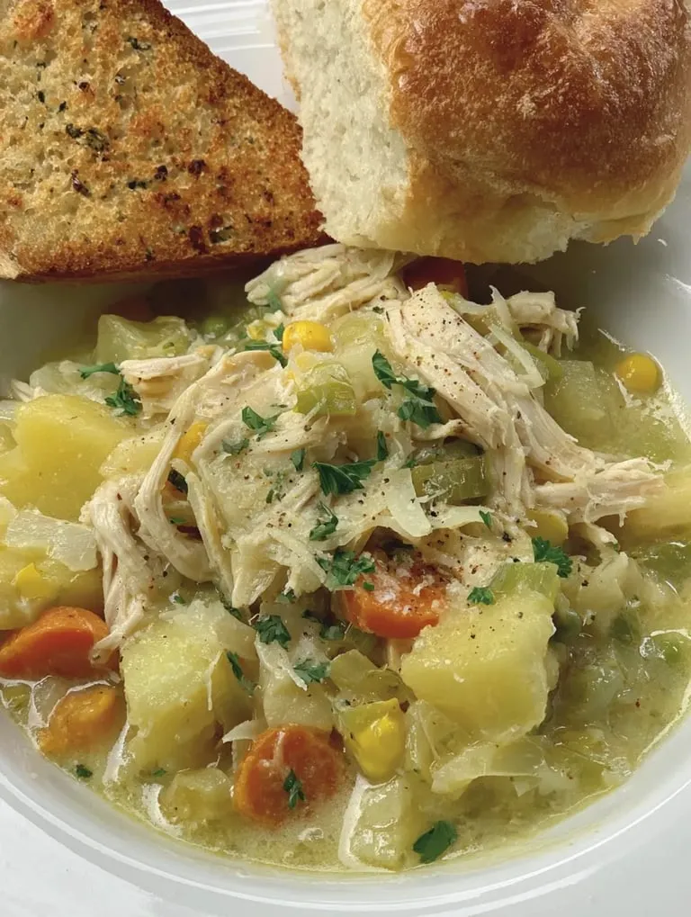 Ein weißer Teller mit einer Mischung aus Gemüse, Kartoffeln und Chicken.