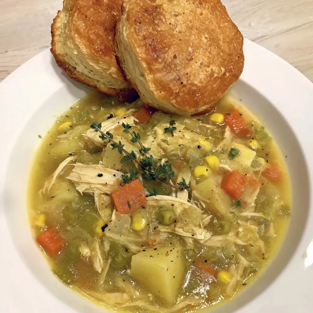 Ein weißer Teller mit einer Suppe, die mit Kartoffeln, Karotten, Kohl und Chicken Broth zubereitet wurde.