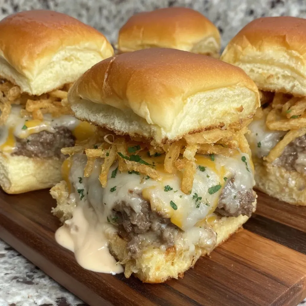 Eine Platte mit sechs Hamburger-Sandwiches, die mit Ketchup und frisierten Kartoffeln garniert sind.