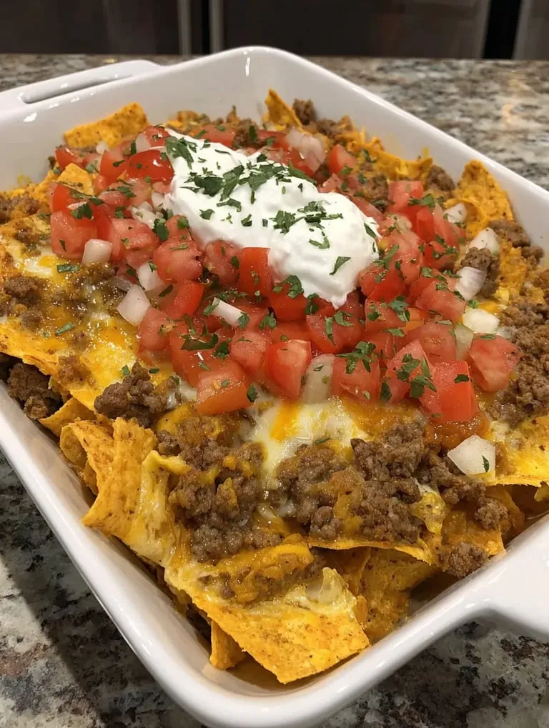 Ein weißer Teller mit einer Taco-Topping aus Tomaten, Käse, Paprika und Zwiebeln.