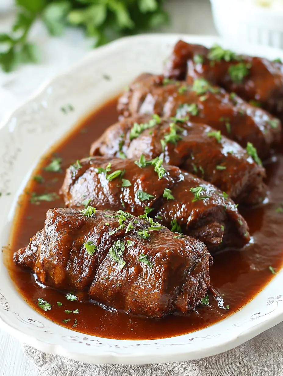 Ein wei&szlig;er Teller mit einer Sauce, auf dem sich mehrere gegrillte Steakchen mit gr&uuml;nen Zutaten wie Zwiebeln und Knoblauch befinden.