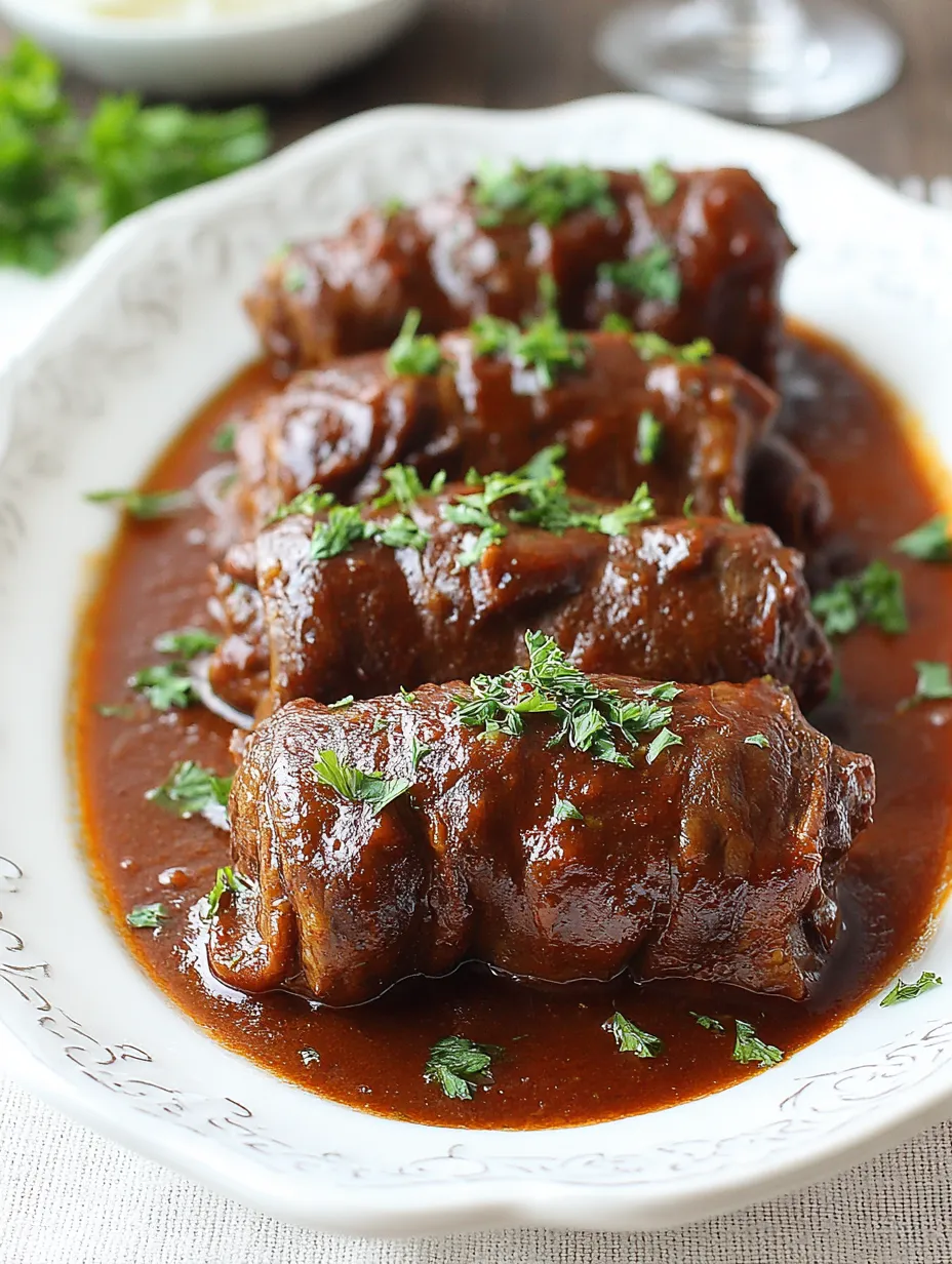 Ein wei&szlig;er Teller mit einer Sauce und gegrillten Fleischst&uuml;cken, die mit Parsley garniert sind.