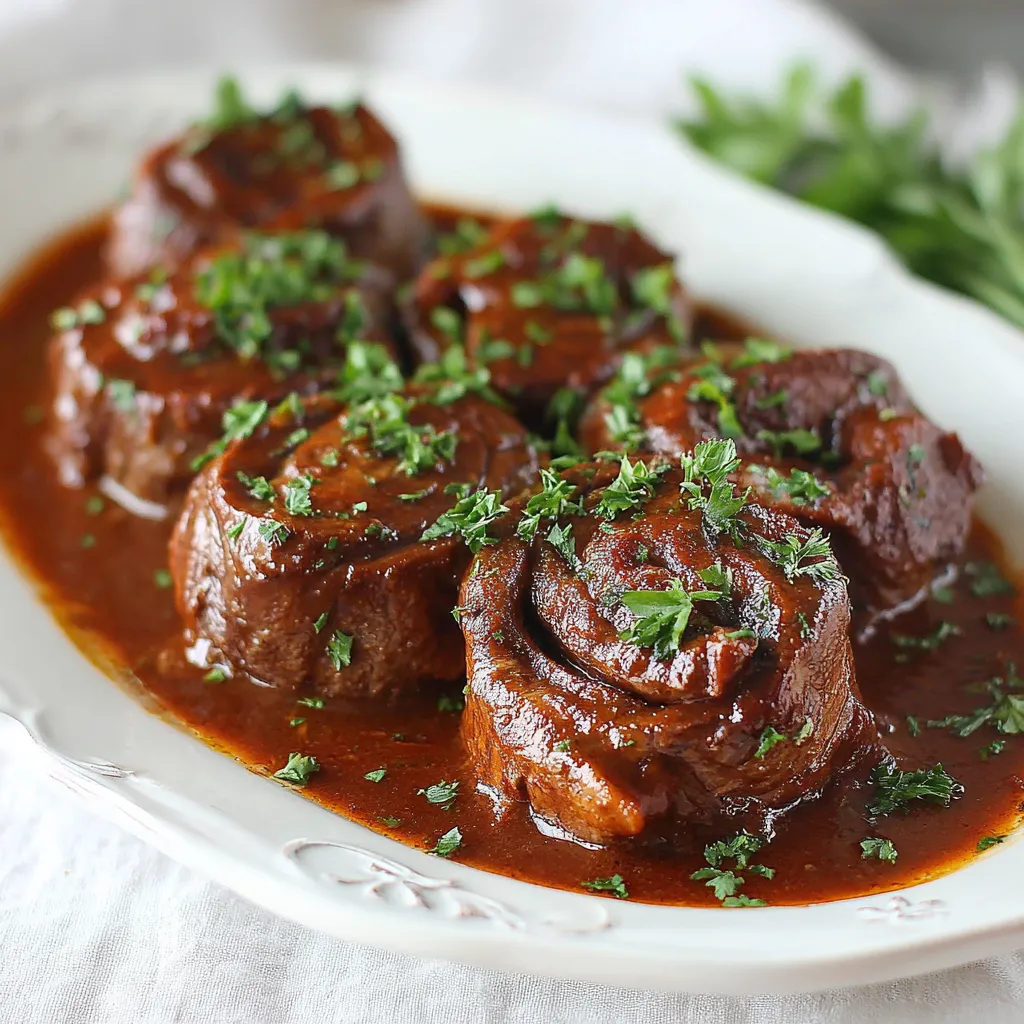 Ein weißer Teller mit einer Sauce, darauf liegen gegrillte Steak-Rollen, die mit Parsley garniert sind.