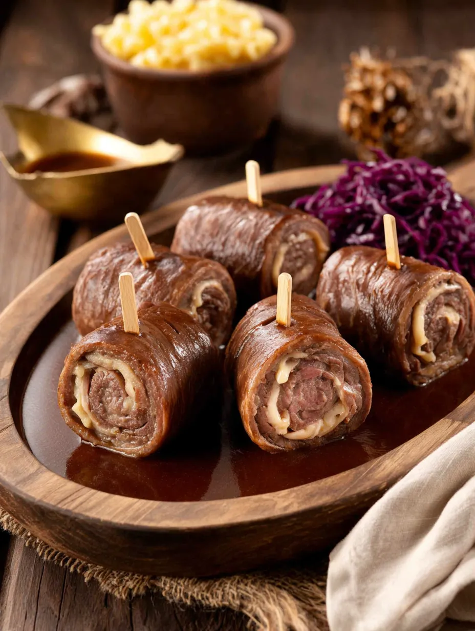 Ein Platter mit sechs Fleischrollen, die in einem Sauce serviert werden.