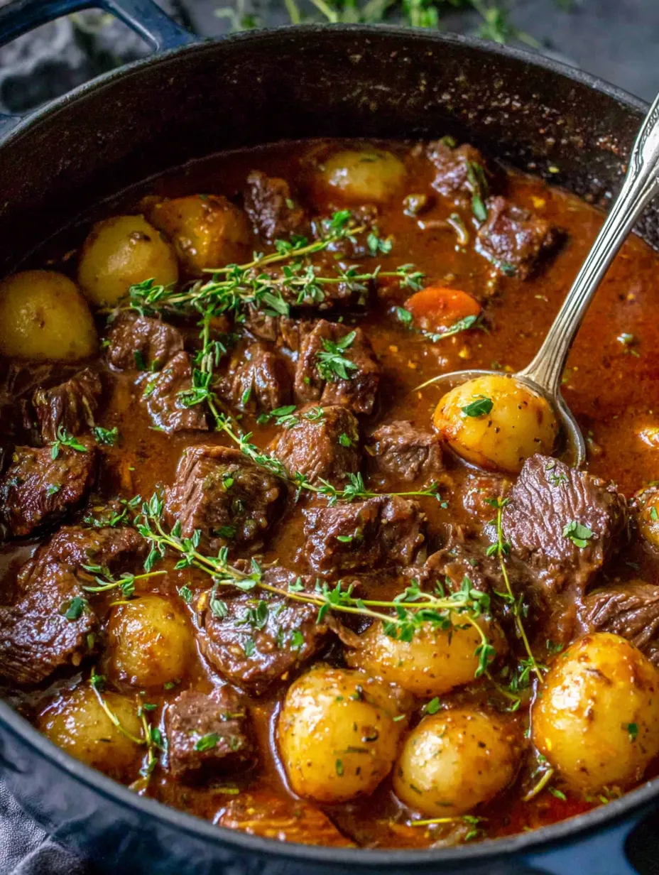 Ein Topf mit Fleisch, Kartoffeln und Gew&uuml;rzen.