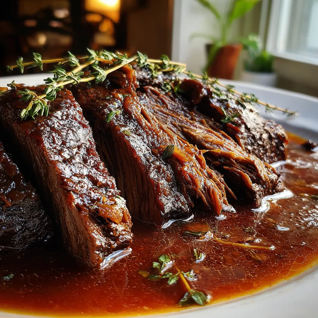 Eine Tafel mit einer Portion von Rindfleisch, das in einer Sauce serviert wird.