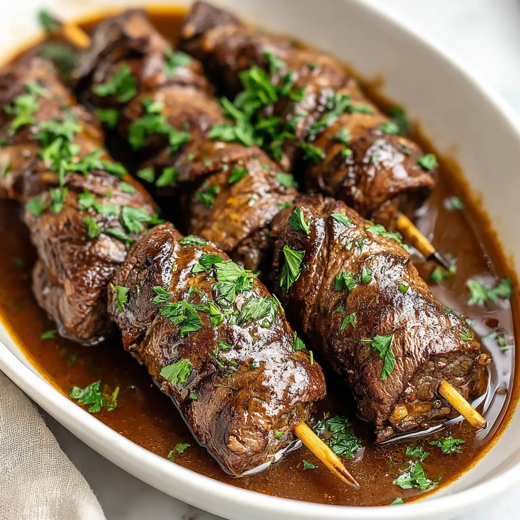 Ein weißer Teller mit einer Mischung aus Fleisch und Sauce, die auf Stäbchen aufgetragen sind.