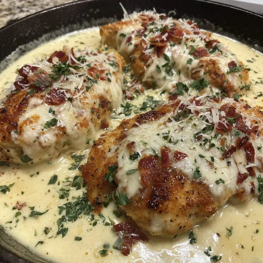 Eine Schüssel mit gegrillten Chicken-Stücken, die in einer cremigen Sauce serviert werden.