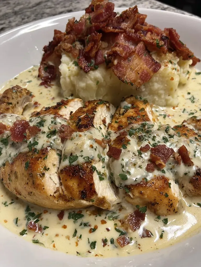 Eine Platte mit Chicken und Bacon.