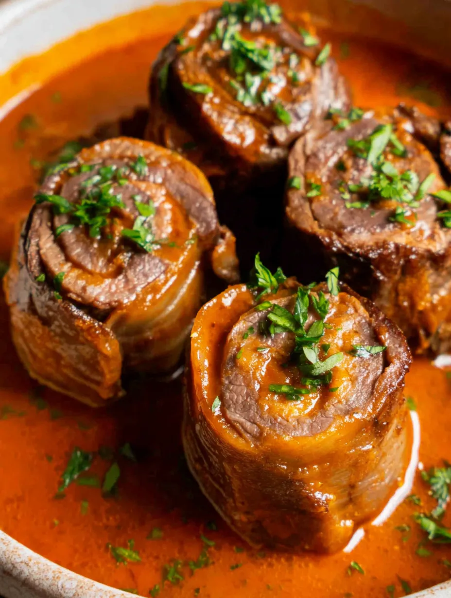 Ein Bild von Rindfleisch in einer Sauce, die auf einem Teller oder in einem Topf serviert wird.