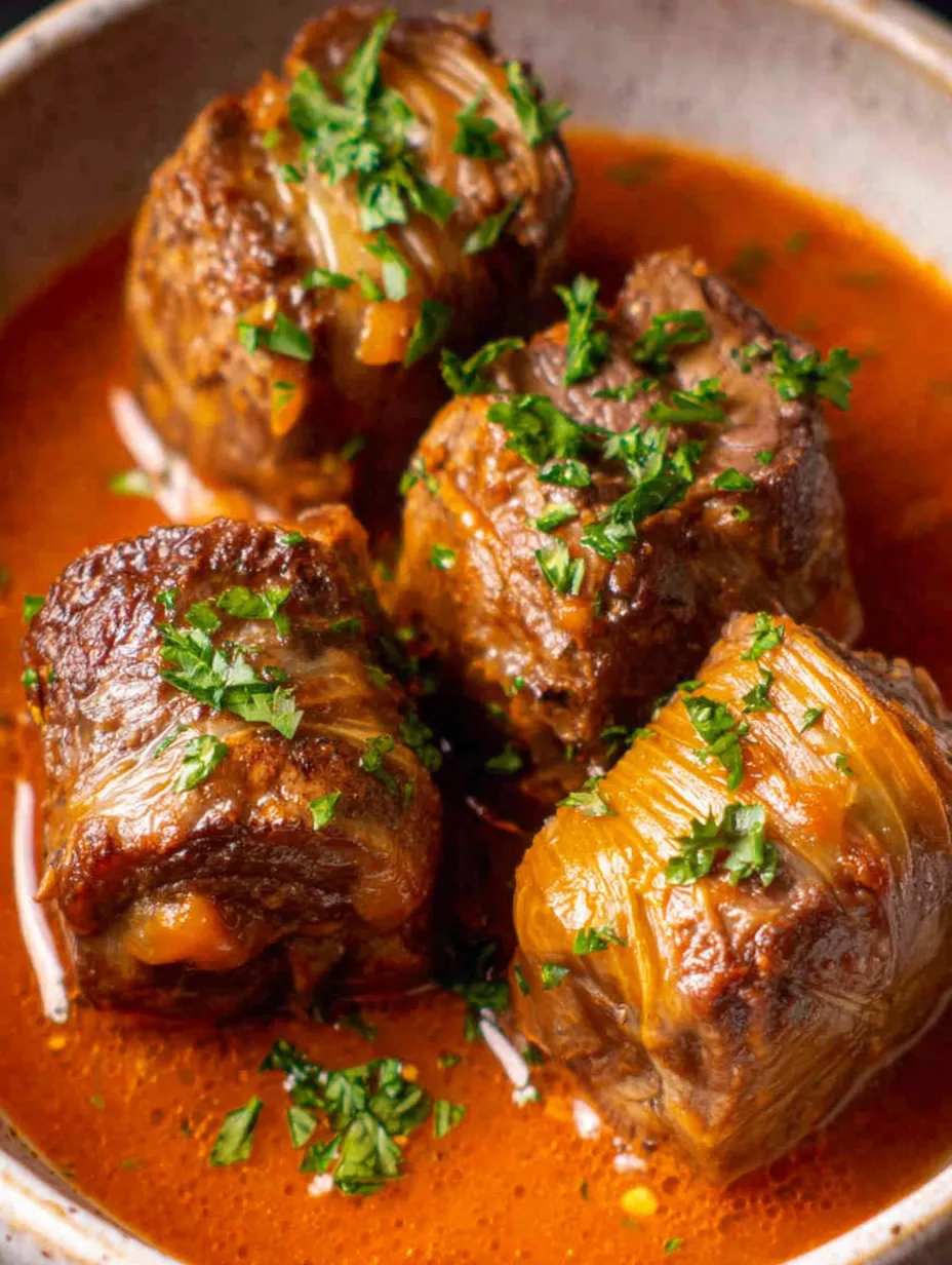 Ein Bild von Rindfleisch in einer Sauce, die mit Parsley garniert ist.