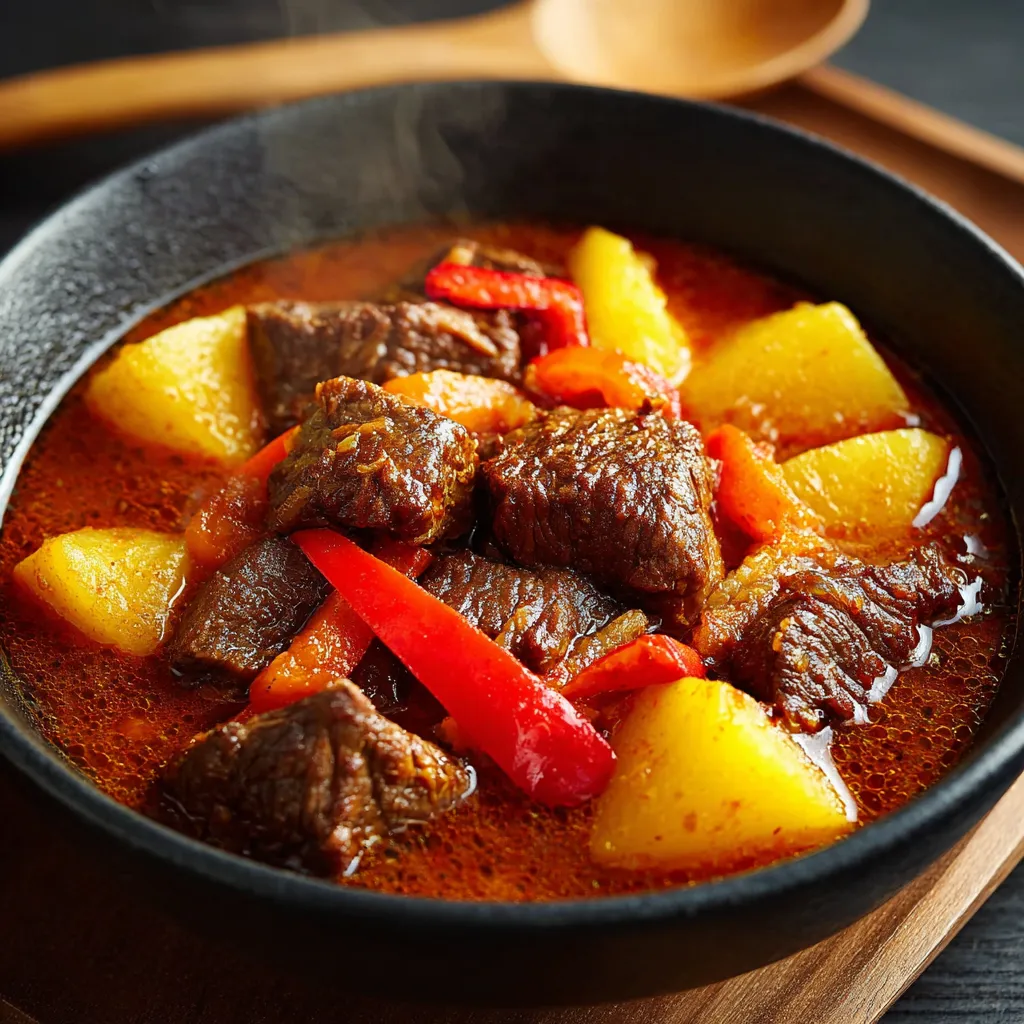 Ein schwarzes Kochgeschirr mit einer Mischung aus Fleisch, Gemüse und Gewürzen.