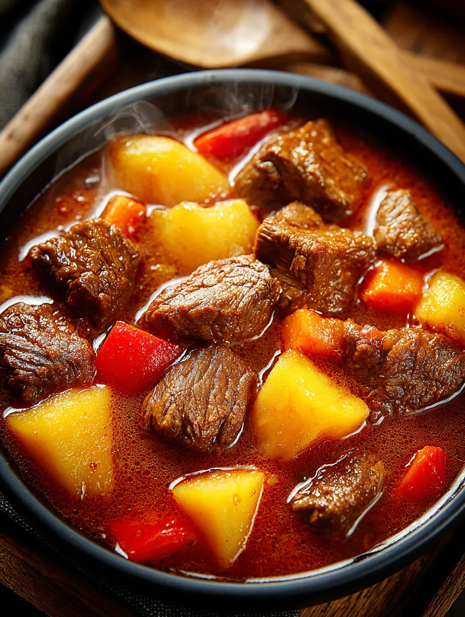 Ein Schmelztopf mit Rindfleisch, Kartoffeln und Zwiebeln.