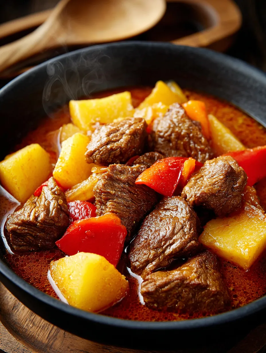 Ein schwarzes Becken mit einer Mischung aus Fleisch, Gemüse und Zwiebeln.
