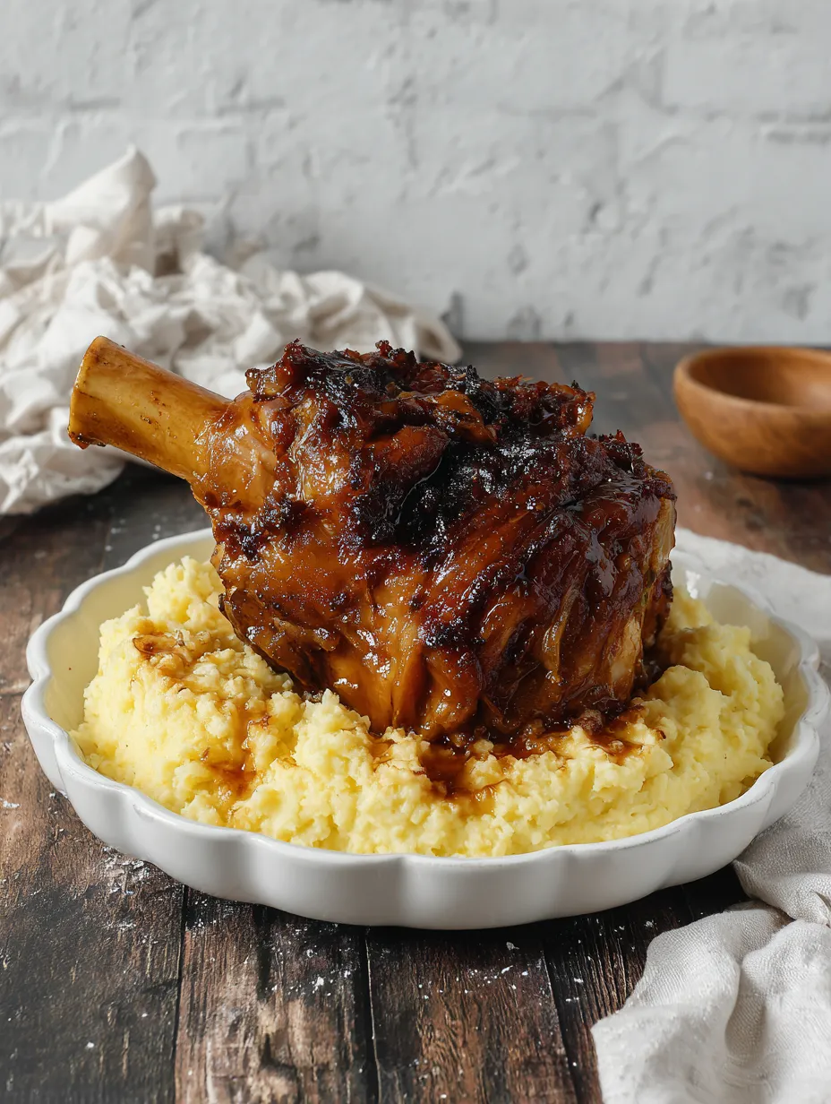 Ein weißer Teller mit einer Portion von Rindfleisch, das in einer Sauce serviert wird.