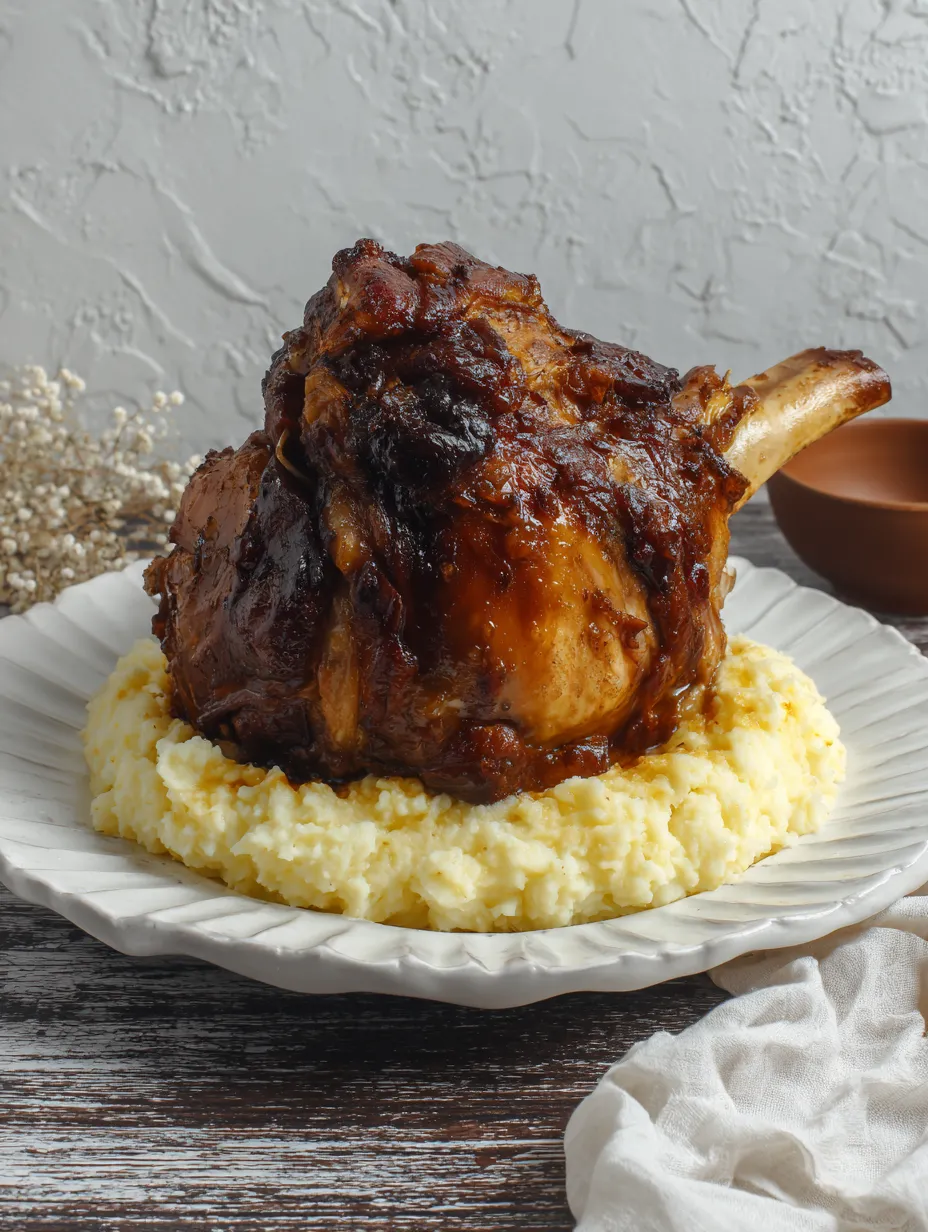 Ein großes Stück Fleisch mit Sauce auf einem weißen Teller.