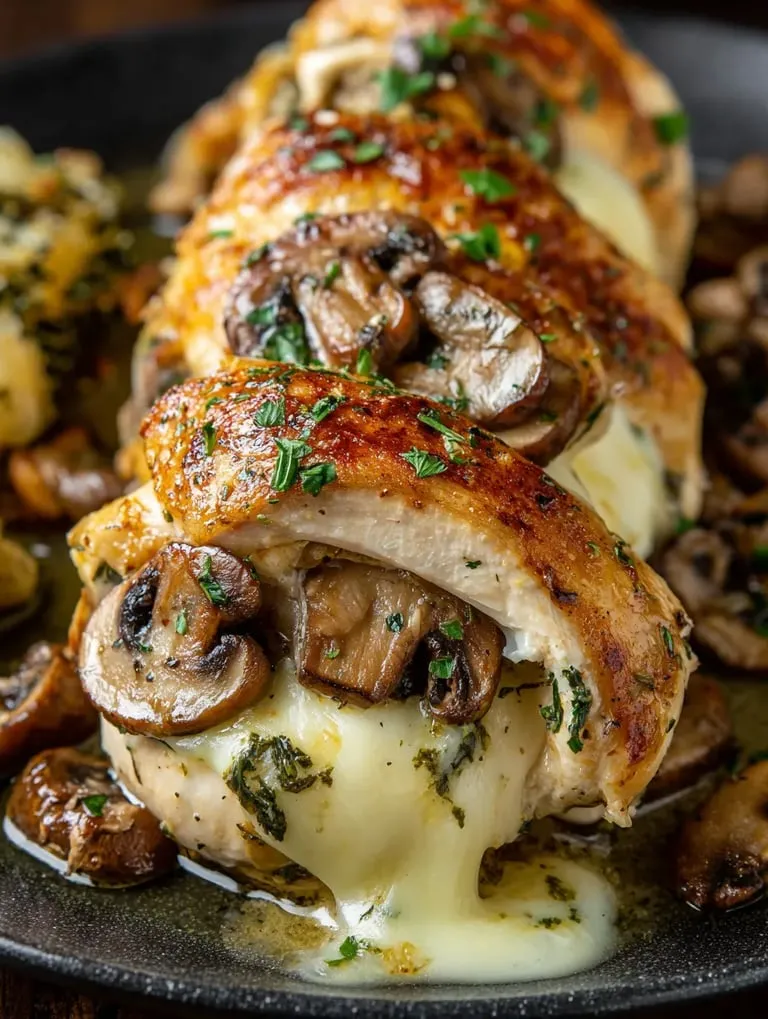 Eine Schicht von Mushrooms, die auf einem Stück Fleisch aufgebracht sind.