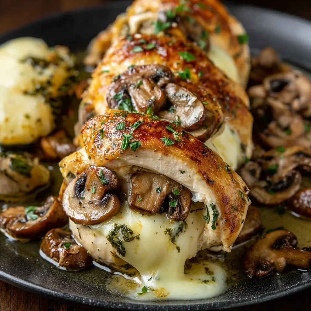 Eine Platte mit gegrilltem Chicken, die mit Mushrooms und Zwiebeln garniert ist.