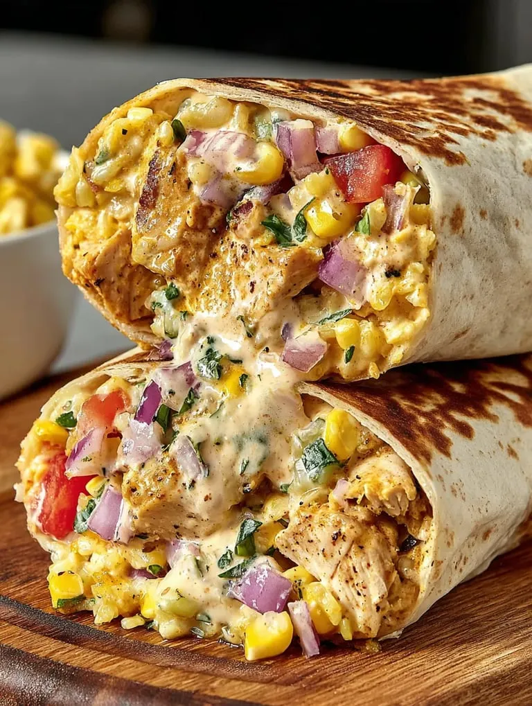 Ein prägnantes Bildbeschreibungstext auf Deutsch lautet: "Ein Burrito mit Chicken, Tomaten, Onion, Kartoffeln und Kokosmilch.