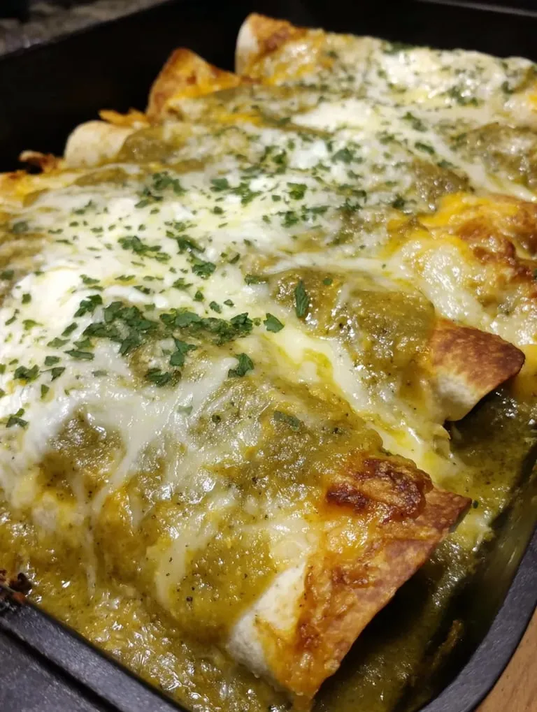 Eine Tortilla mit grünem Salsa und Käse.