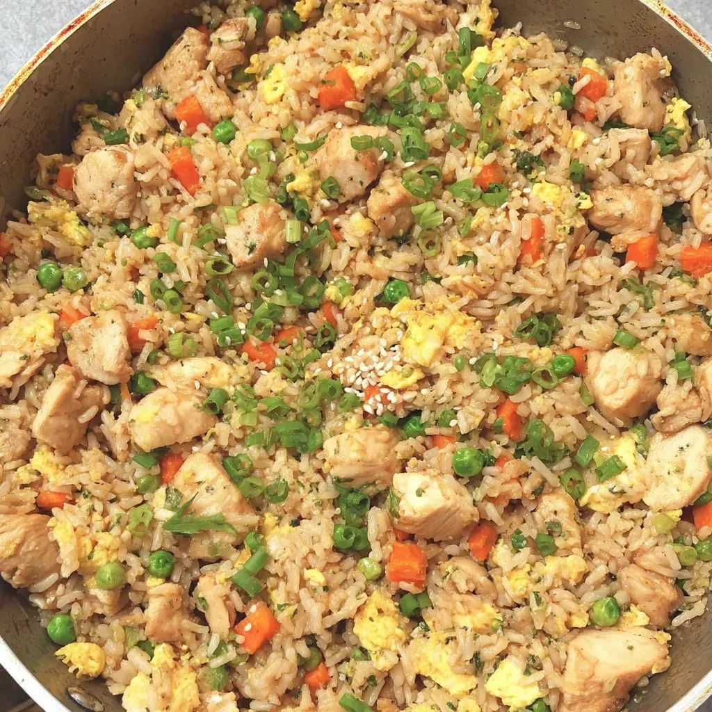 Ein Bild von einer Rice-Gerichte mit vielen Zutaten wie Chicken, Peas, Carrots, Onions, und Eggs.