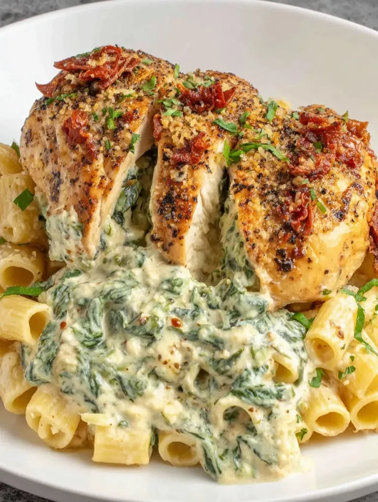 Ein Bild von einer Platte mit Pasta, Garnelen und Zwiebeln.