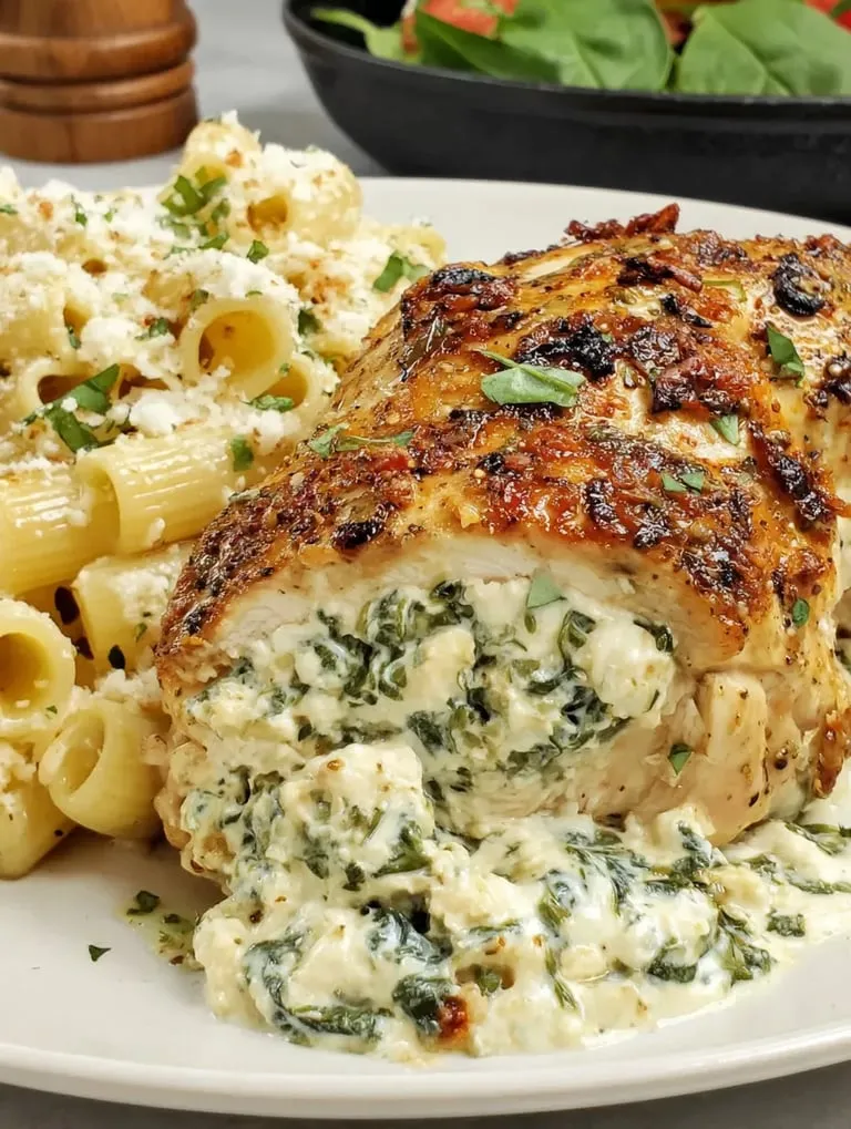 Ein Plate mit Pasta, Chicken und Spinat.