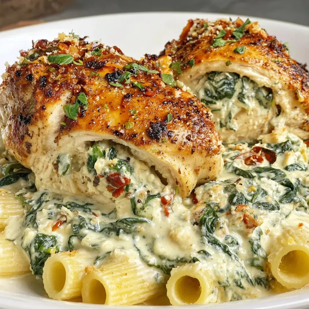 Ein Plate mit Pasta und Chicken.