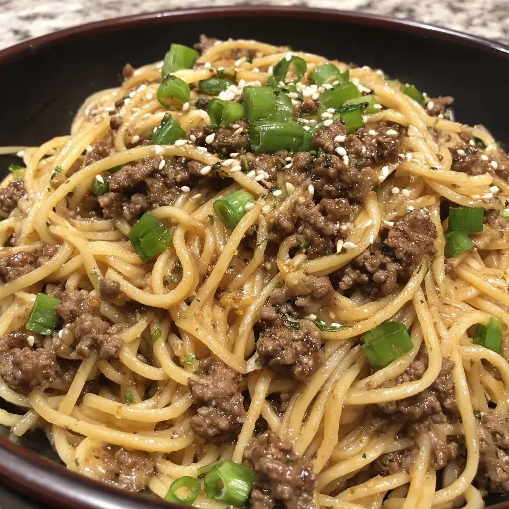 Ein Schälchen mit Spaghetti und Rindfleisch.