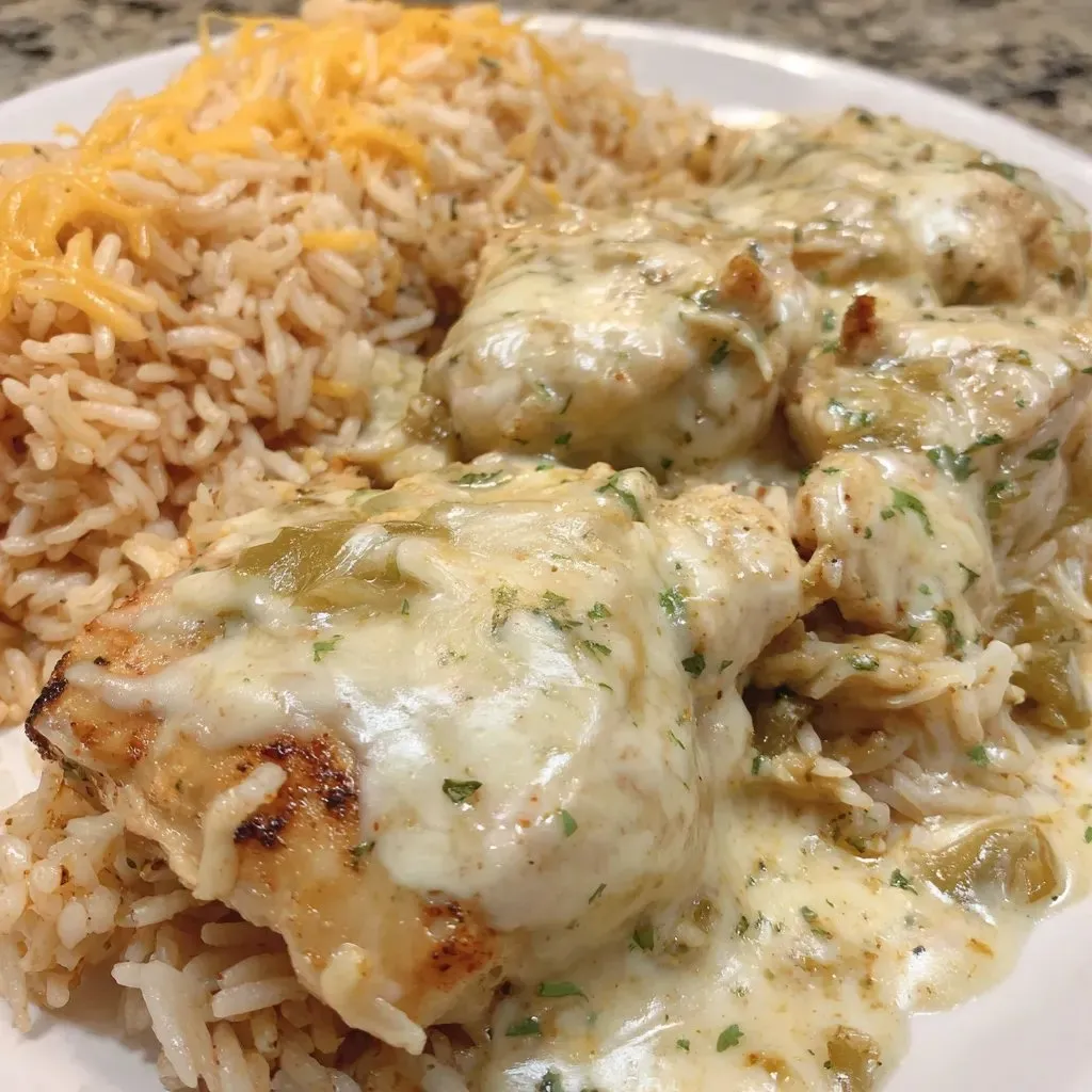 Ein weißer Teller mit Rice, Chicken und Sauce.