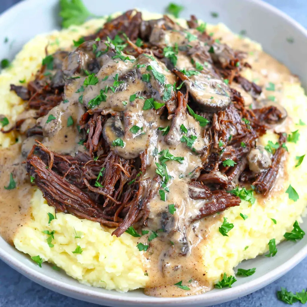Ein weißer Teller mit einer Mischung aus Rindfleisch, Mushrooms und Sauce.