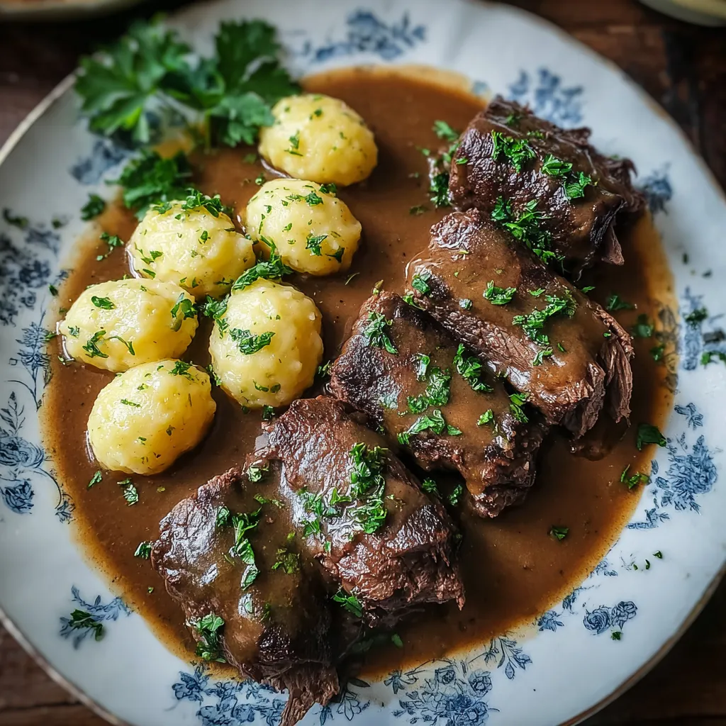 Ein Plate mit Fleisch, Kartoffeln und Zwiebeln.