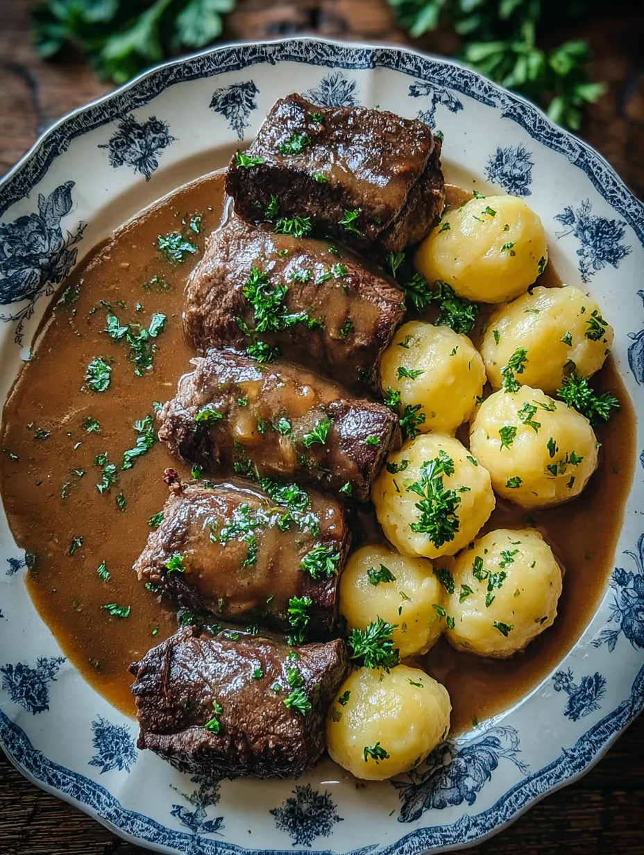 Ein Plate mit Fleisch, Kartoffeln und Zwiebeln.