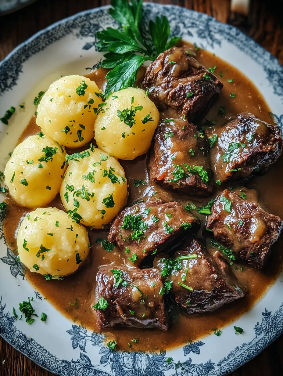 Eine Platte mit gegrillten Steaks, die in einer Sauce serviert werden.