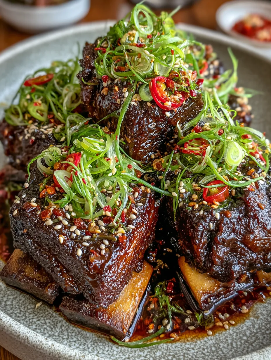 Eine Platte mit schwarzen Fleischstücken, die mit grünen Zwiebeln und Gewürzen garniert sind.