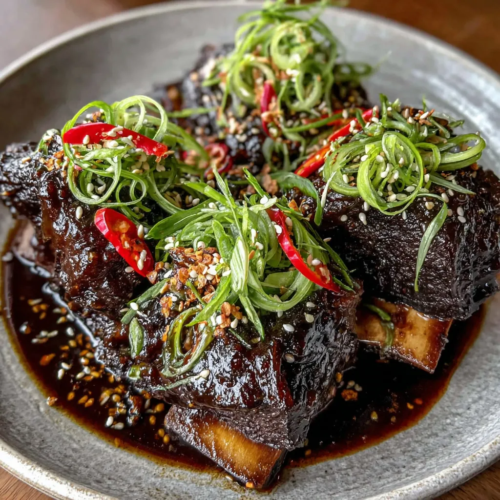Eine Platte mit schwarzen Steaks, die mit grünen Zwiebeln und roten Paprika garniert sind.