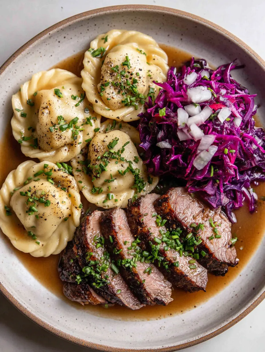 Ein Plate mit gegrilltem Fleisch, Kartoffeln, Kohlrabi, Sauerkraut und Pasta.
