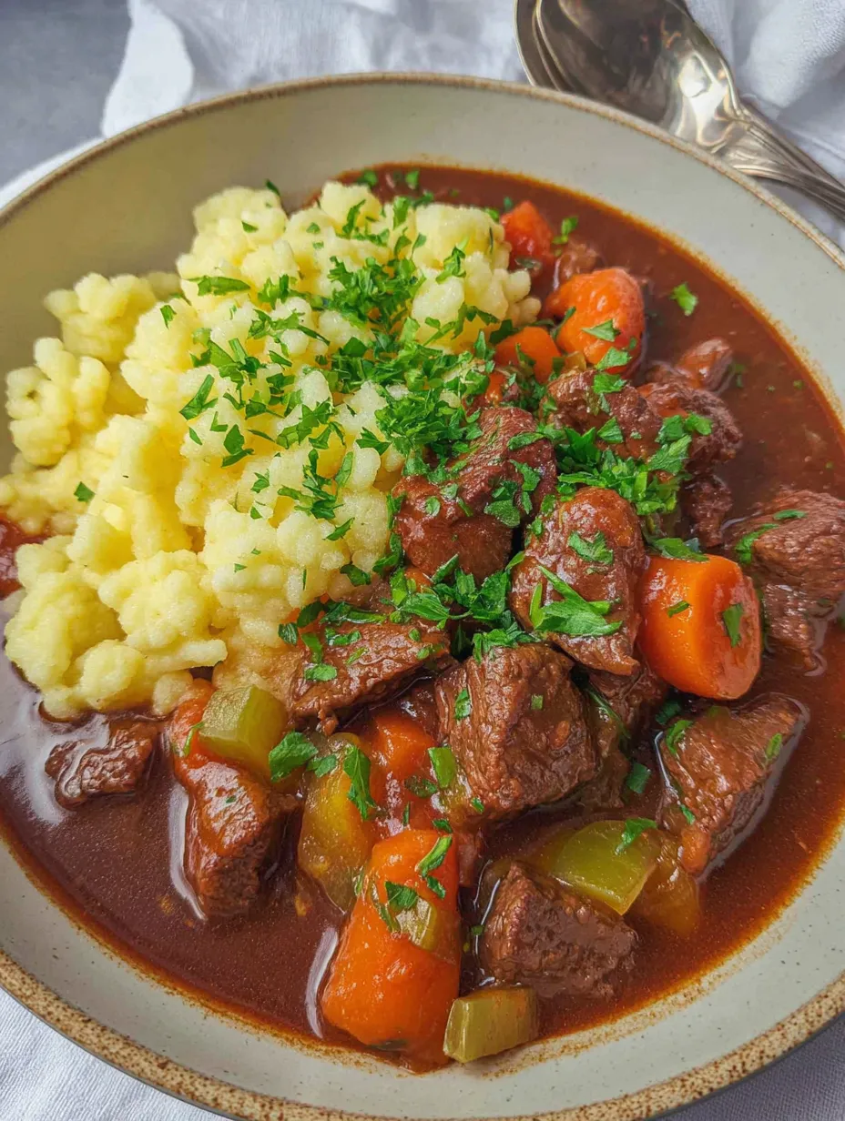 Ein Schälchen mit gegrilltem Fleisch, Kartoffeln, Zwiebeln und Karotten.