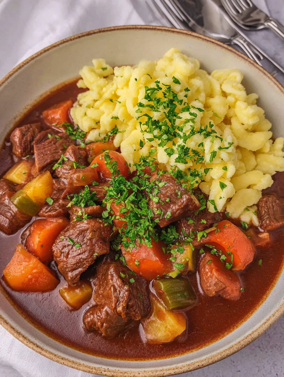 Ein Bild zeigt eine Schüssel mit einer Mischung aus Fleisch, Kartoffeln, Zwiebeln und Macaroni.