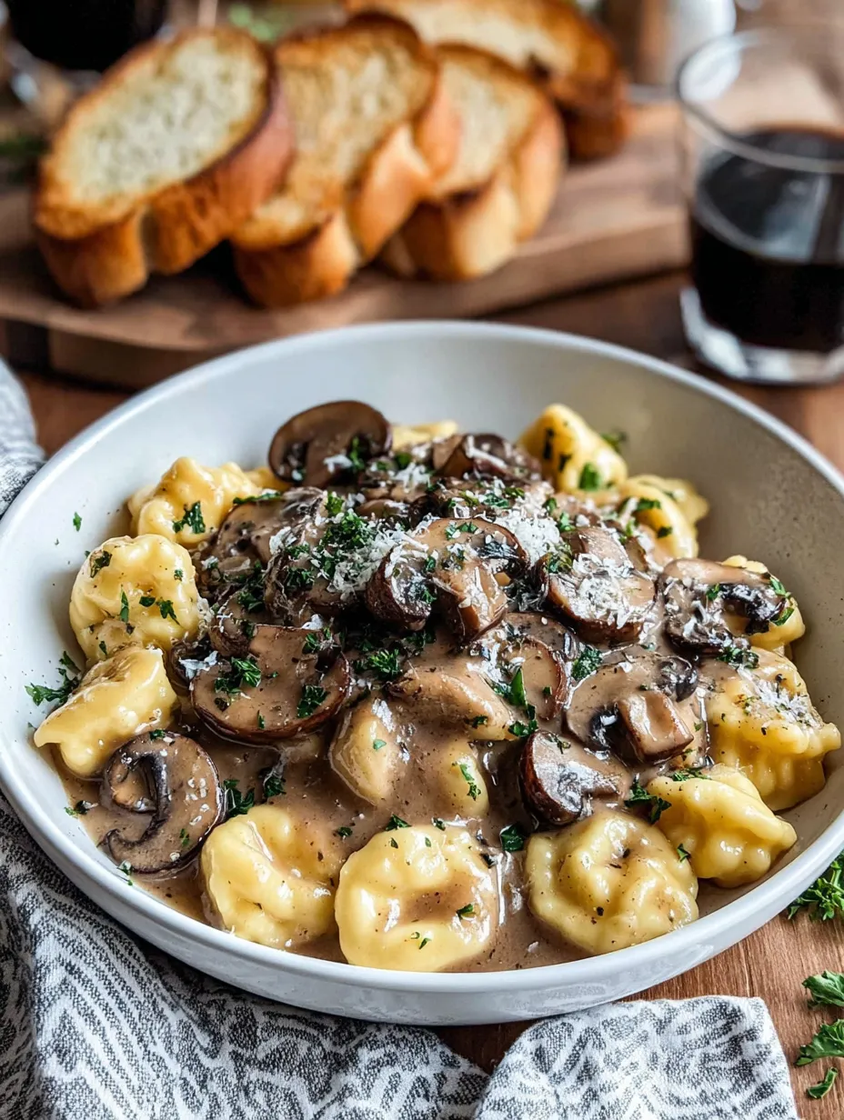 Ein weißer Teller mit Pasta, Mushrooms und Sauce.